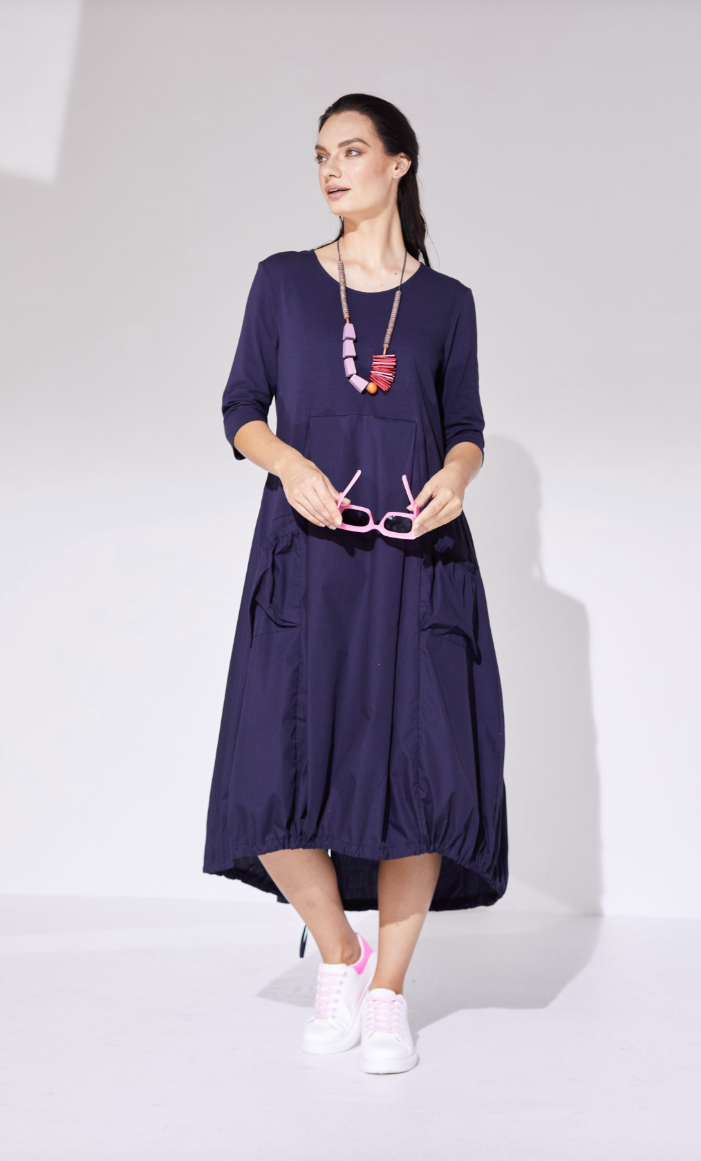 Cotton Dress with Contrast Top Panel/Pockets