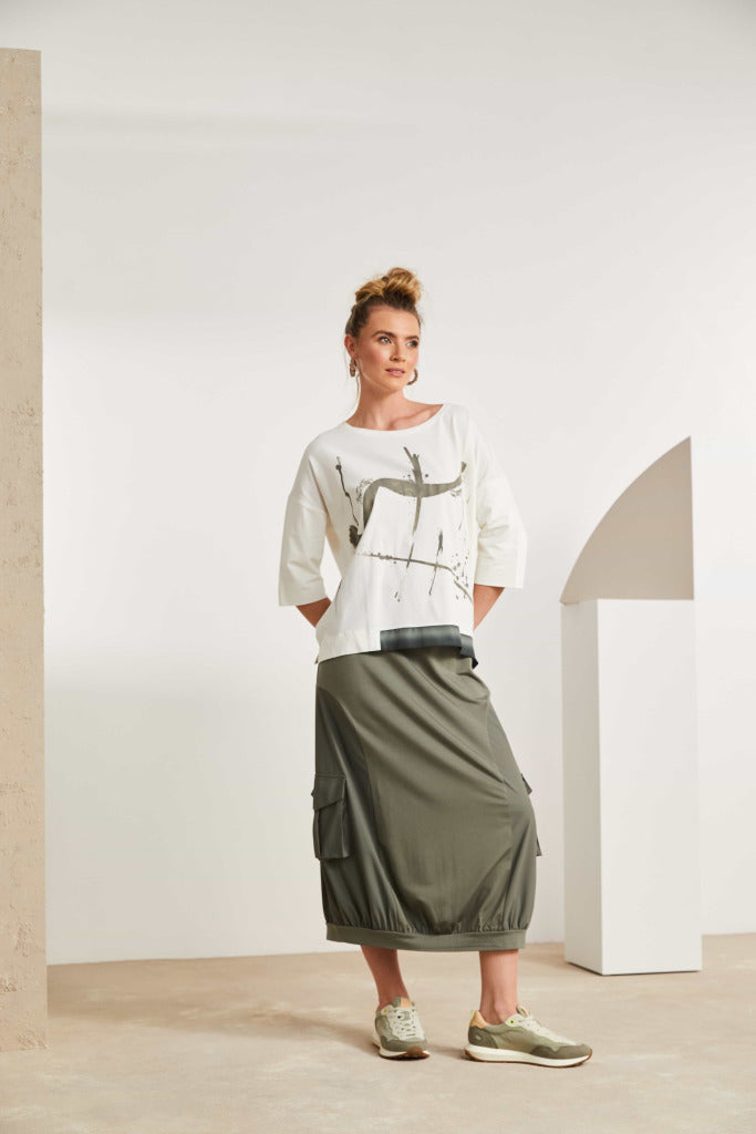 Placement print top with contrast hem panel