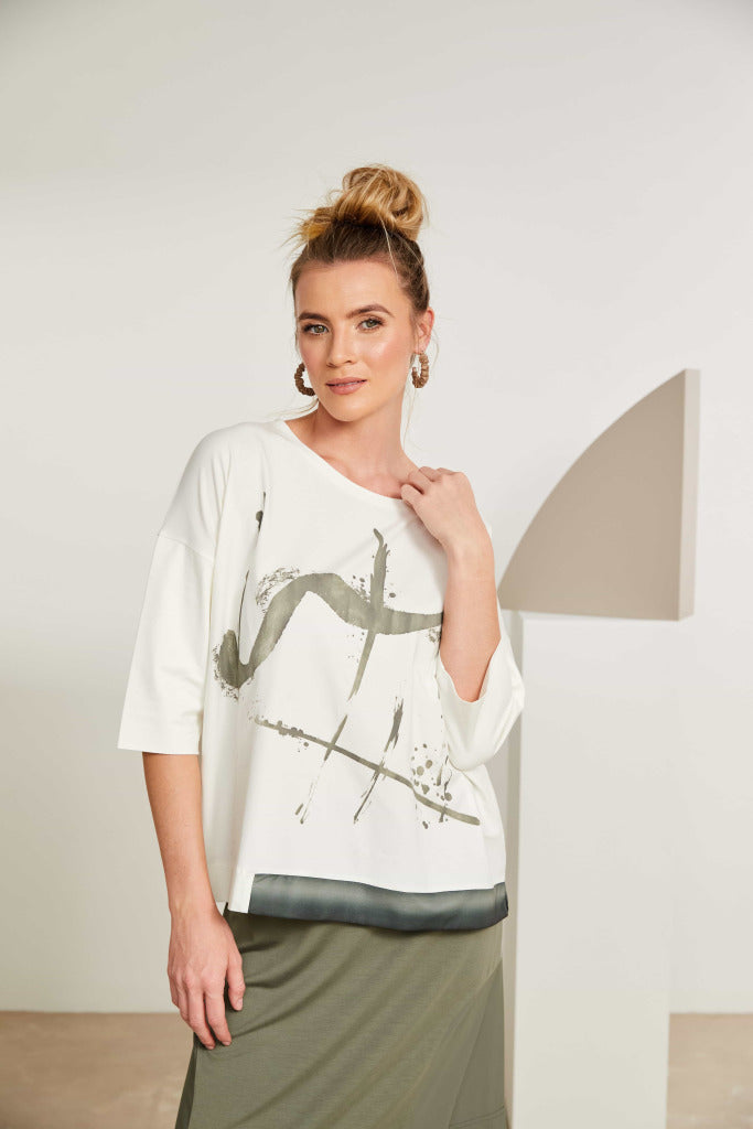Placement print top with contrast hem panel