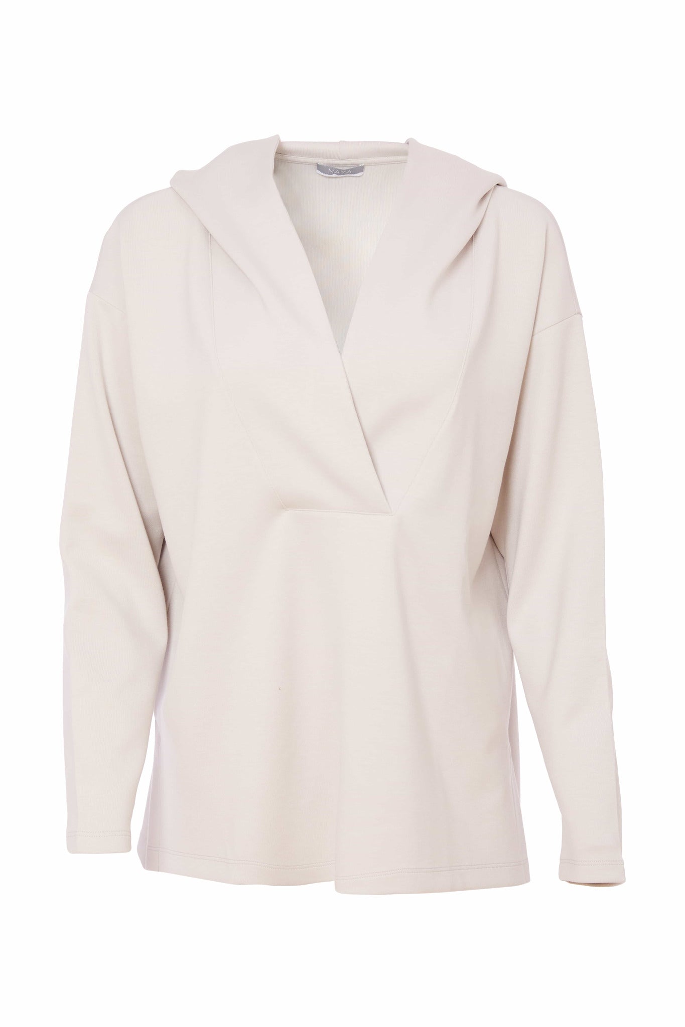 Hooded top with wrap over neckline with side vent