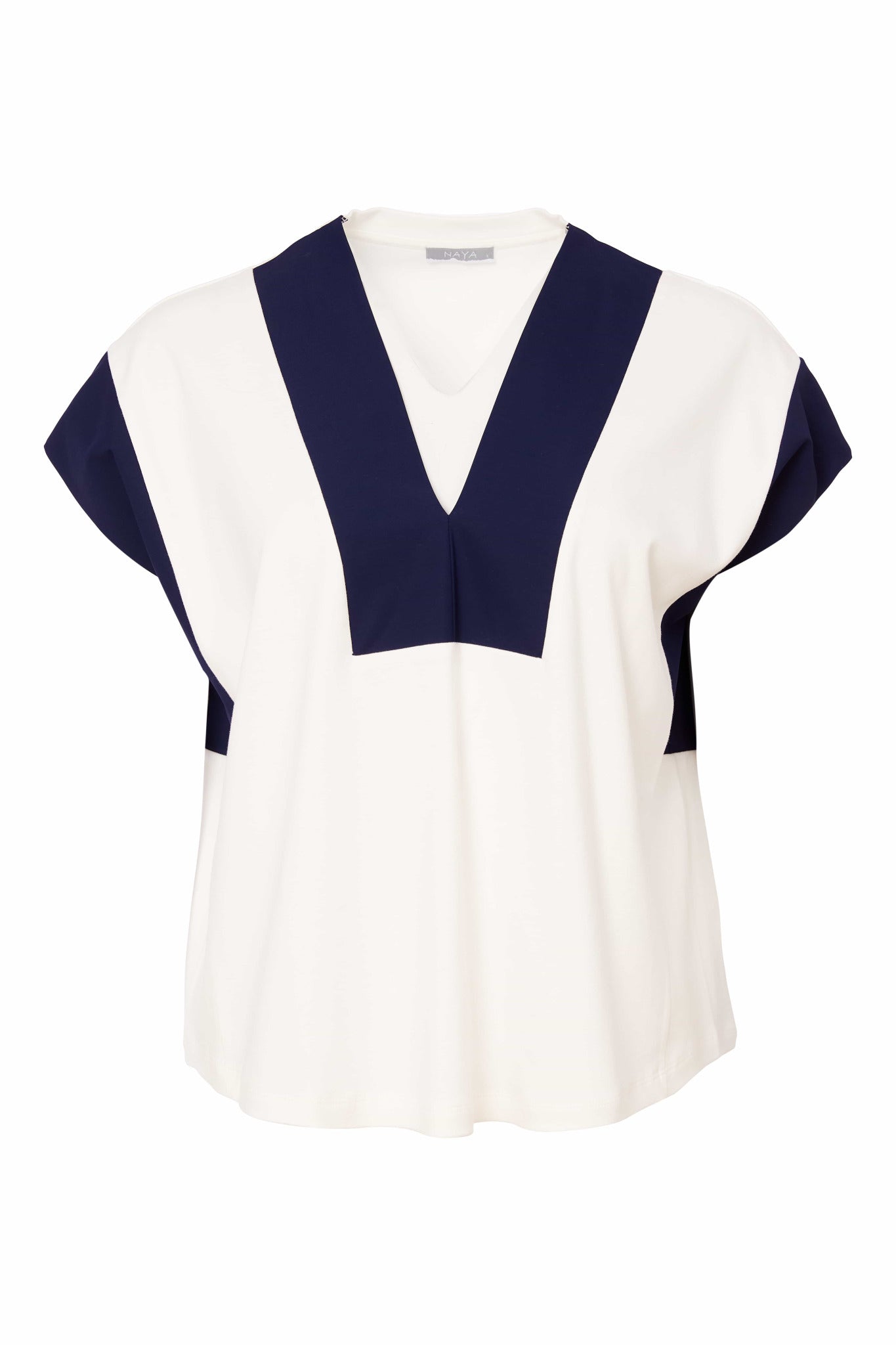 Square shape v neck top with contrast neck and sleeve bands