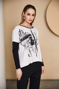 Placement print top/contrast sleeve