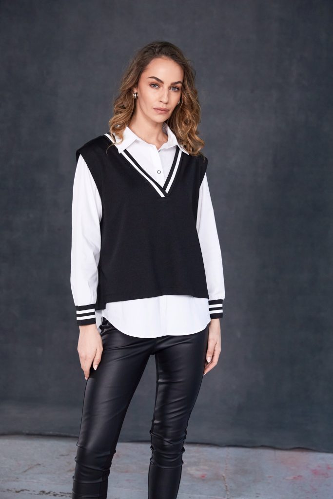 Two piece shirt with over vest ribbed detail at neck plus cuff