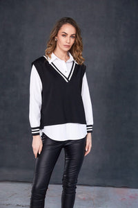 Two piece shirt with over vest ribbed detail at neck plus cuff