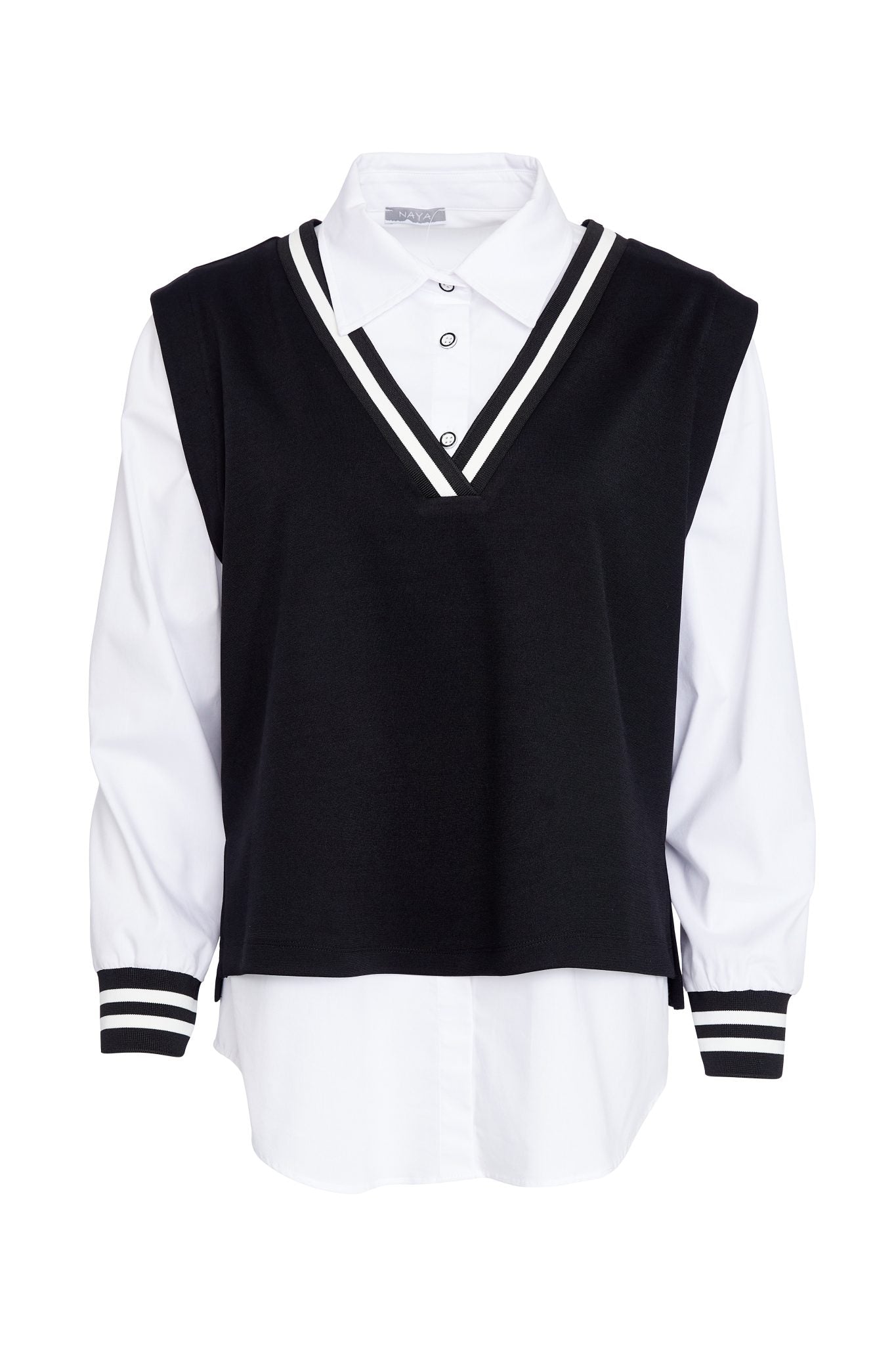 Two piece shirt with over vest ribbed detail at neck plus cuff