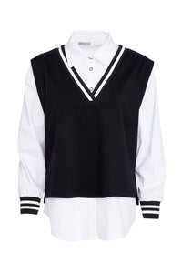Two piece shirt with over vest ribbed detail at neck plus cuff