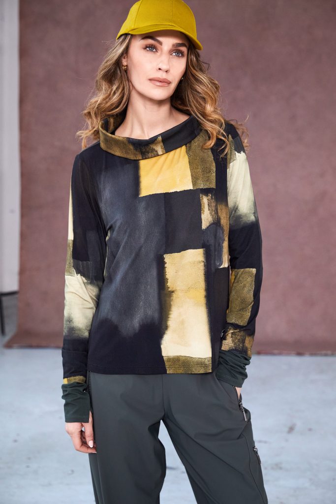 Print long sleeve top with wide roll neck collar