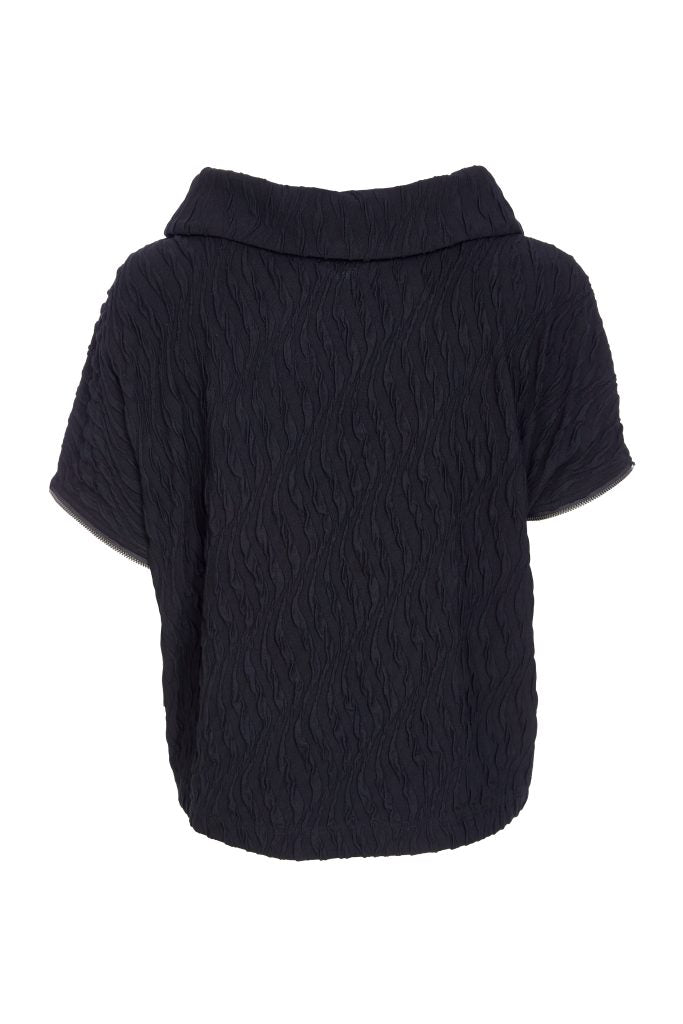 Embossed knit top with collar and zip detail on side seam Description