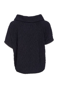 Embossed knit top with collar and zip detail on side seam Description