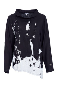 Print angled hem top with raised collar