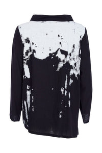 Print angled hem top with raised collar