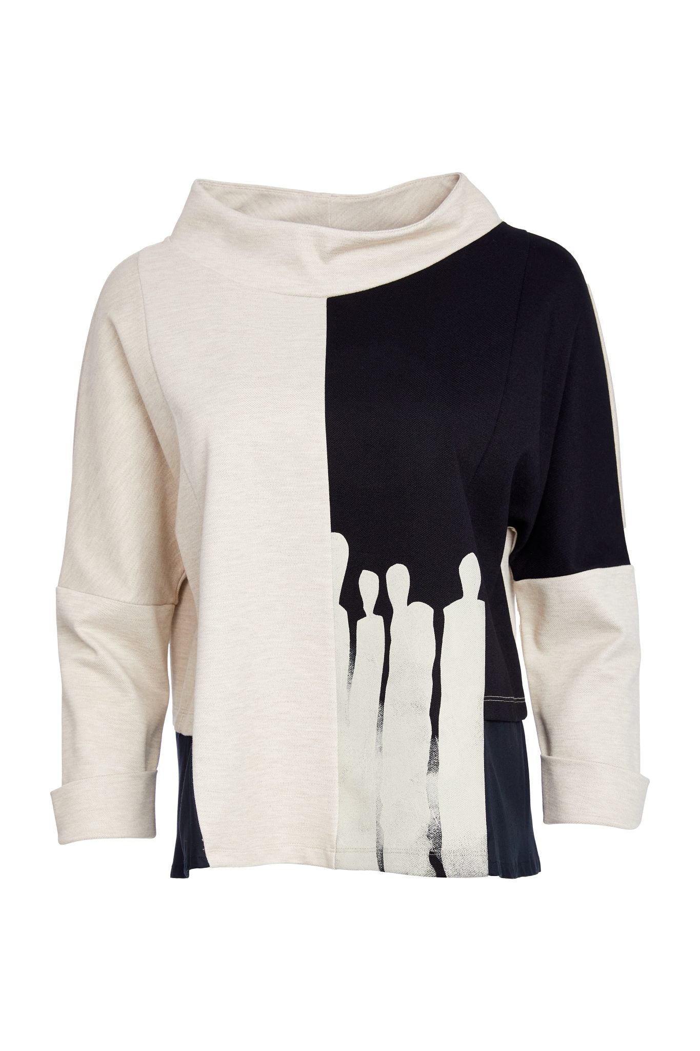 Two tone funnel neck top with placement print at front