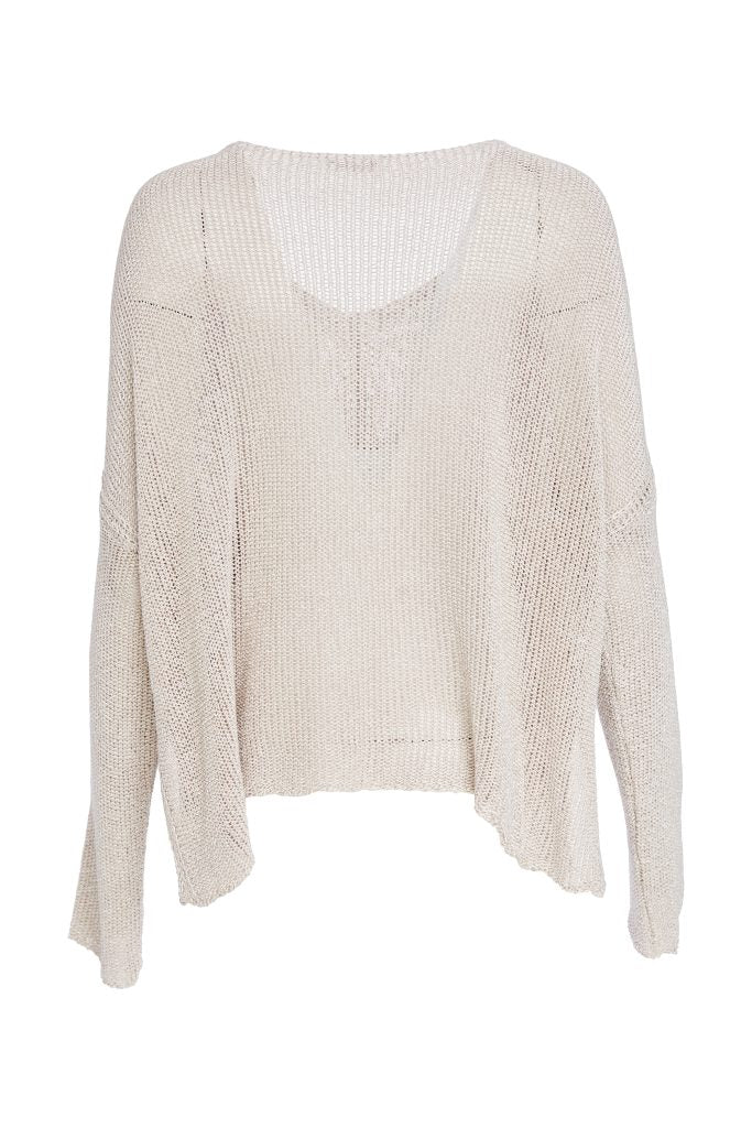 loose weave V neck knit with layed on sections