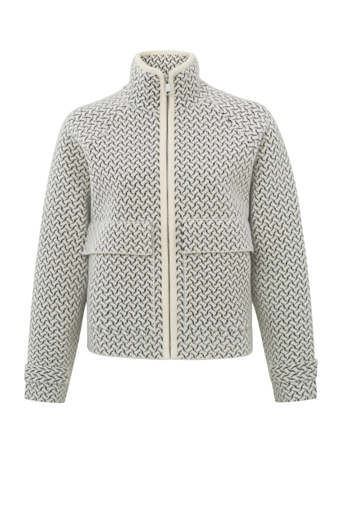 Knitted jacket with a woven print, long sleeves and zipper