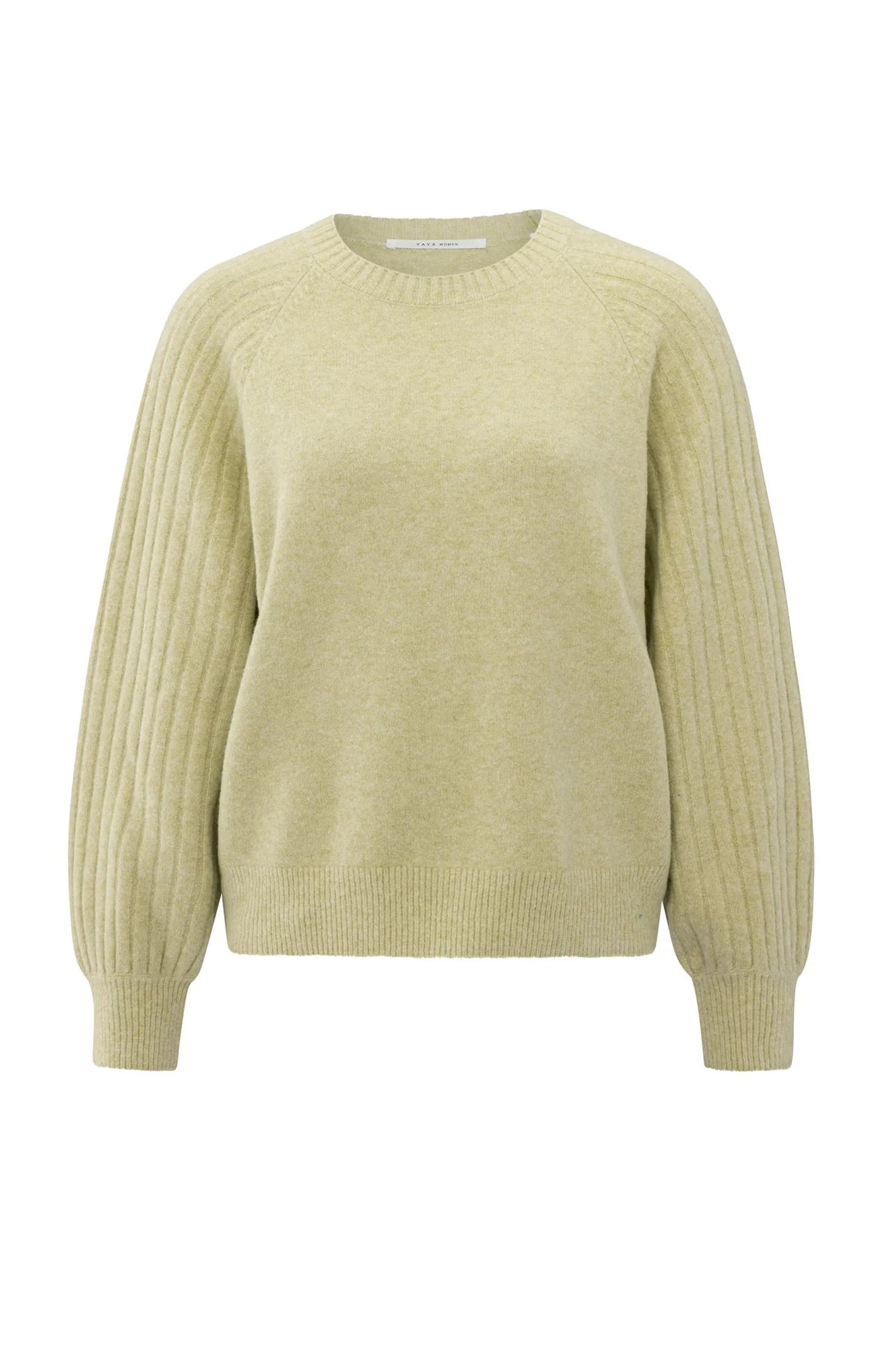 Knitted sweater with ribbed sleeves and round neck
