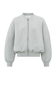 Light gray bomber jacket with long sleeves and zipper