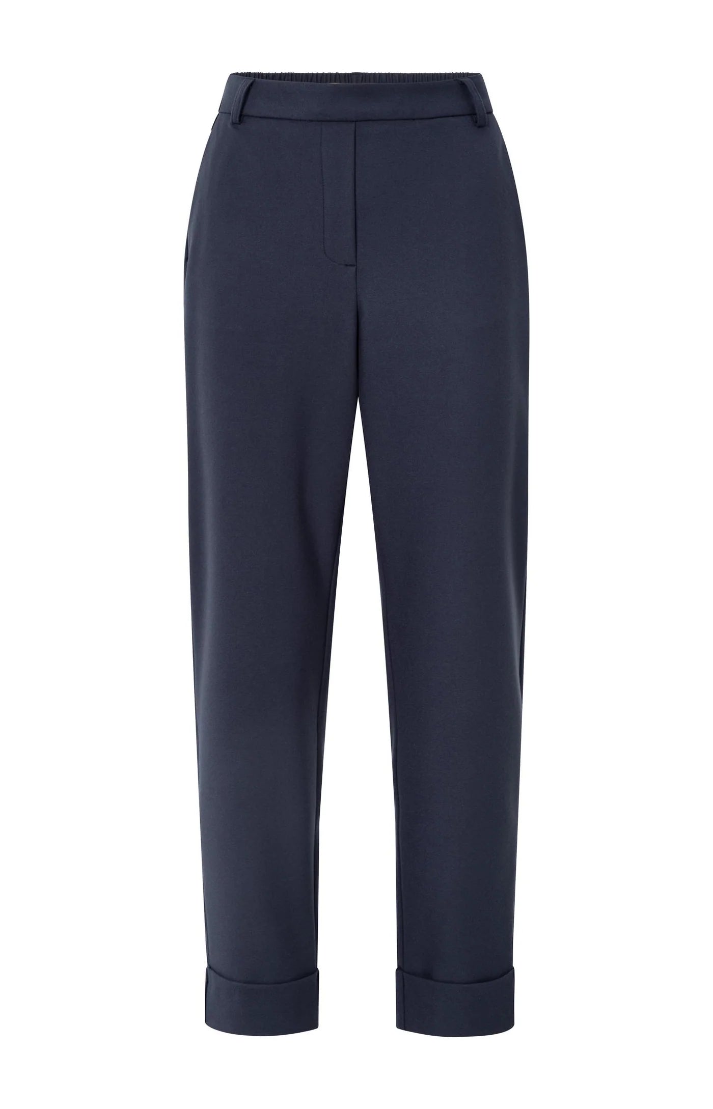 Trousers with elastic waistband and turned-up hem